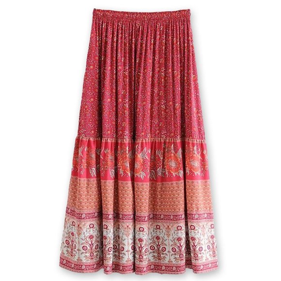 Ruby Red Boho Floral Print Midi Skirt